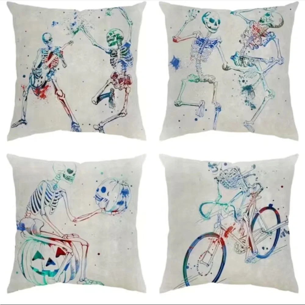 4pcs, Encrypted Linen Printed Pillowcases, Skull Haunted House Bone Frame Letter